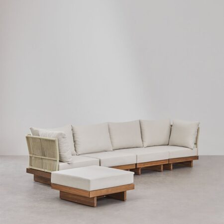 Divano modulare Dailin 4 pezzi con 2 sedie angolari e pouf in legno di acacia