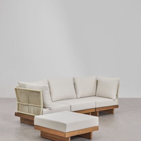 Divano modulare Dailin a 3 pezzi con 2 poltrone angolari e pouf in legno di acacia