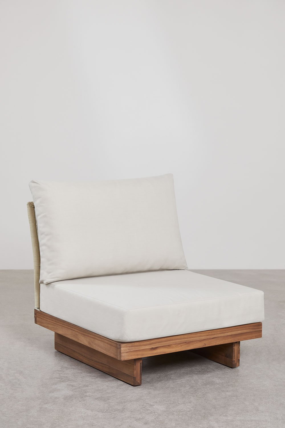 Divano modulare Dailin a 3 pezzi con 2 poltrone angolari e pouf in legno di acacia