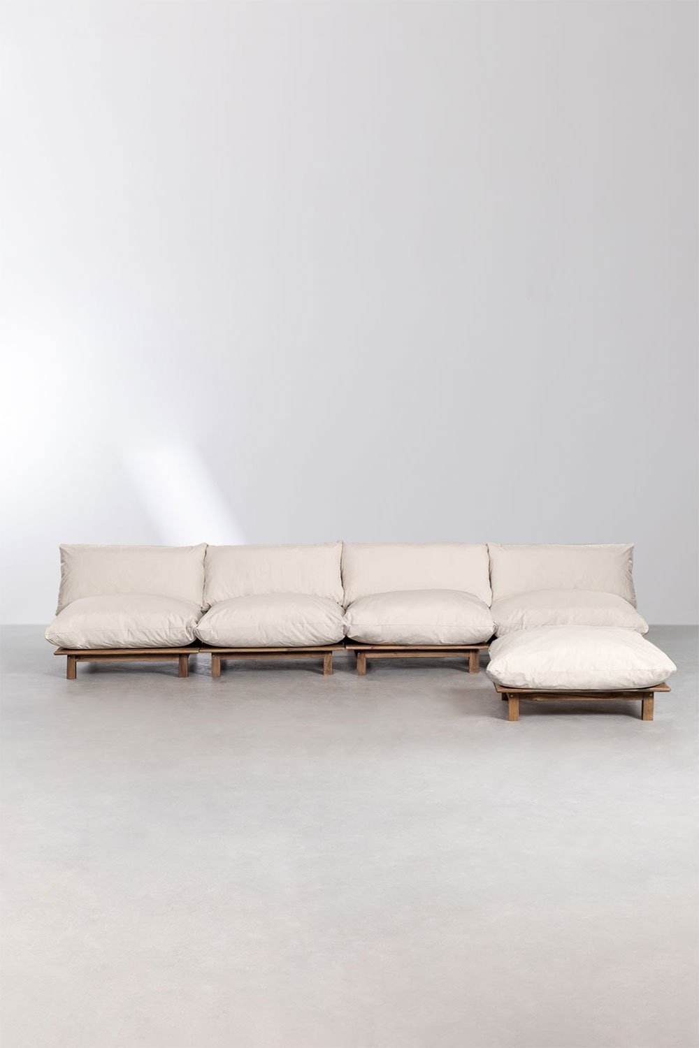 Divano reclinabile modulare a 4 pezzi con pouf in legno di acacia Brina
