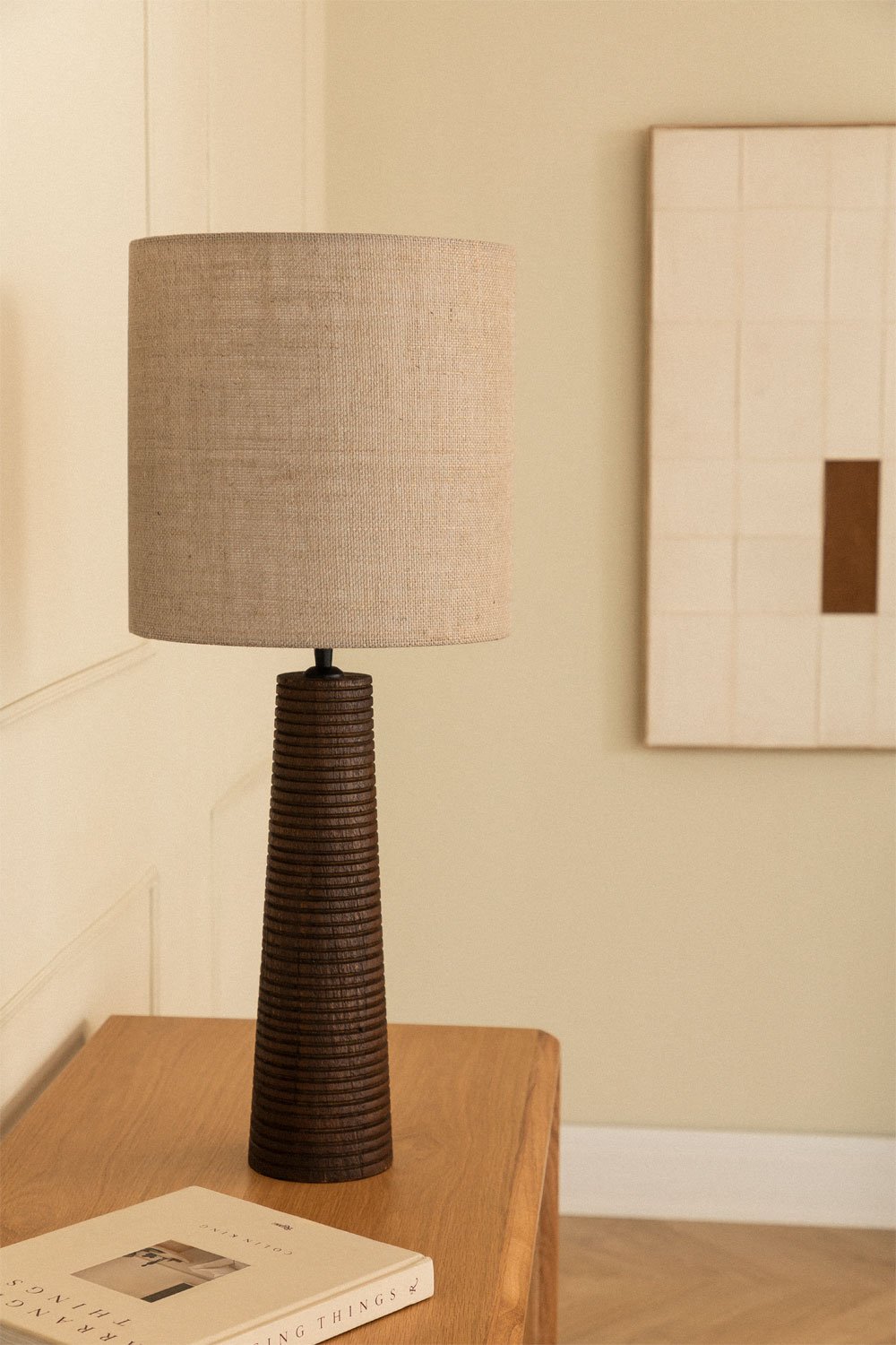 Lampada da tavolo ↑75 cm in legno di mango e lino Sirmione