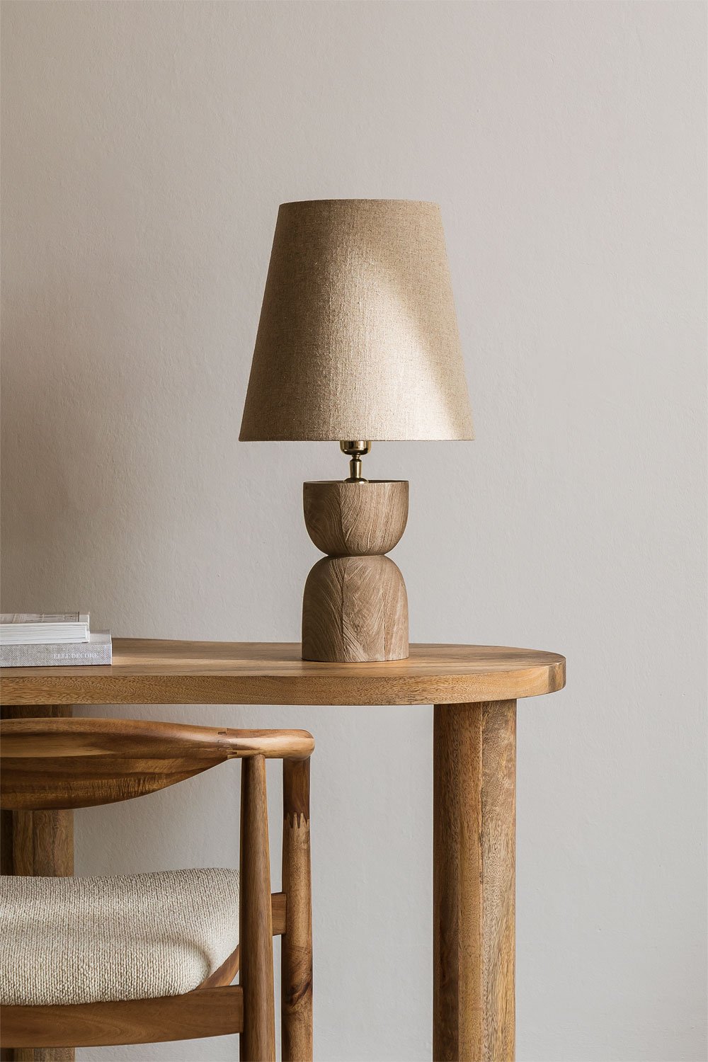 Lampada da tavolo Cruster in legno di mango e lino