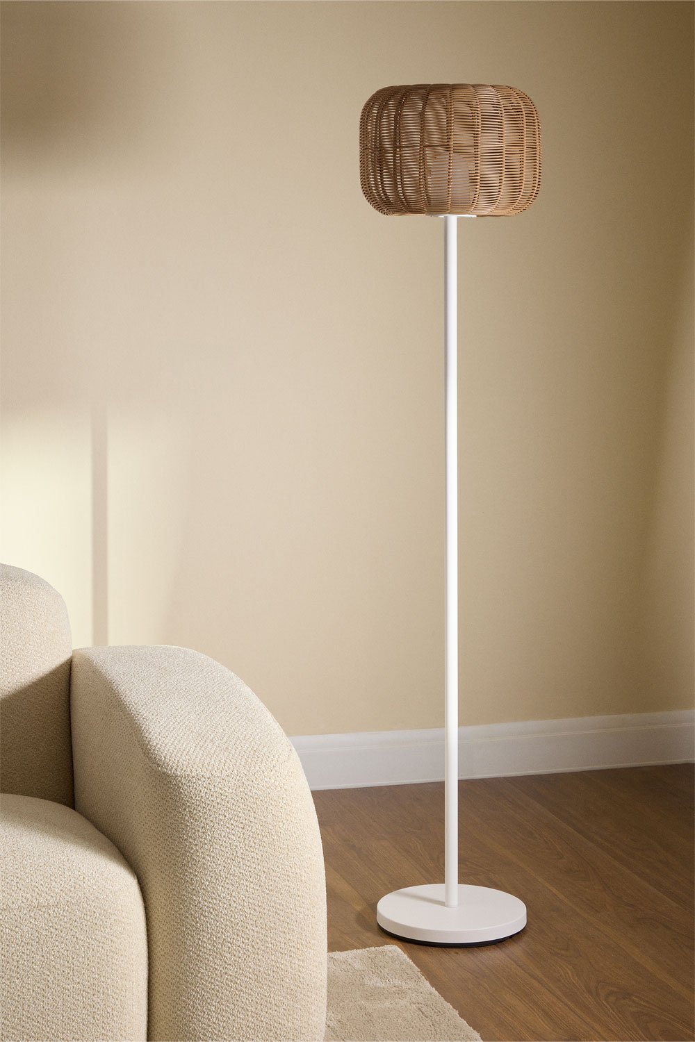 Lampada da terra LED wireless Ovela in ferro e corda intrecciata