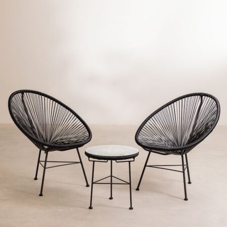 Set da salotto con 2 poltrone e tavolino in acciaio e vimini sintetico New Acapulco