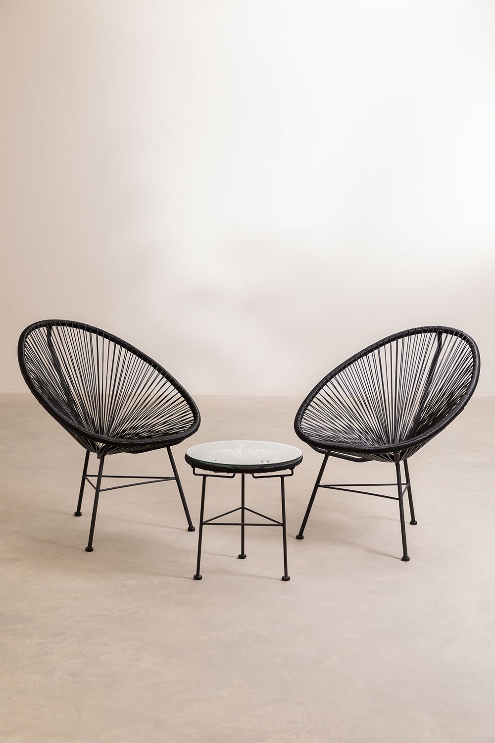 Set da salotto con 2 poltrone e tavolino in acciaio e vimini sintetico New Acapulco