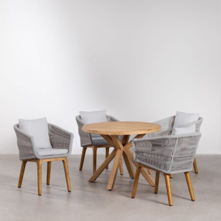 Set composto da tavolo rotondo in legno (Ø100 cm) Naele e 4 sedie da giardino Barker