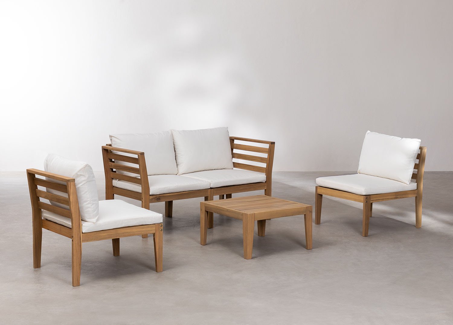 Set da giardino con divano componibile in 4 pezzi con braccioli e tavolino in legno di acacia Filips
