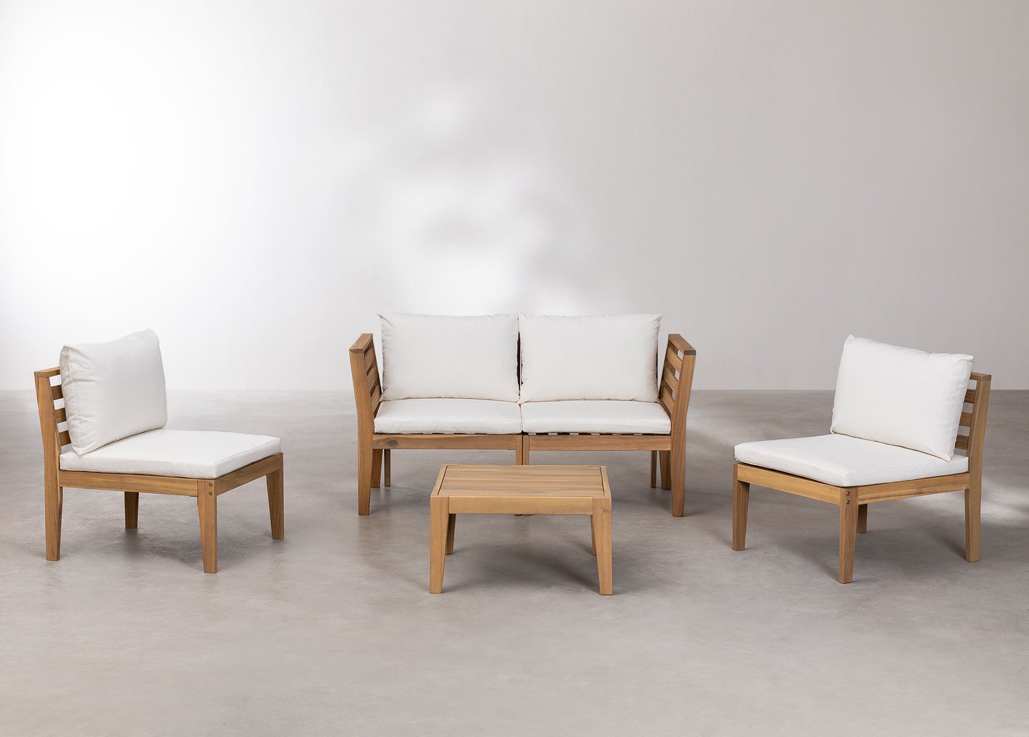 Set da giardino con divano componibile in 4 pezzi con braccioli e tavolino in legno di acacia Filips