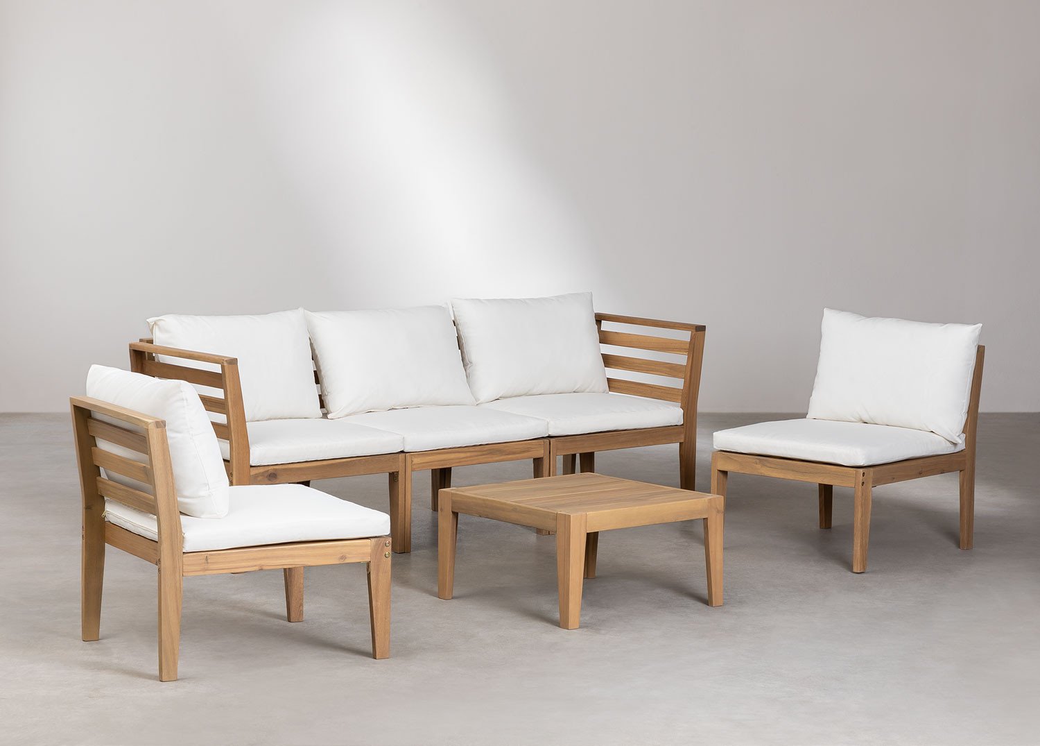 Set da giardino con divano componibile in 5 pezzi con braccioli e tavolino in legno di acacia Filips