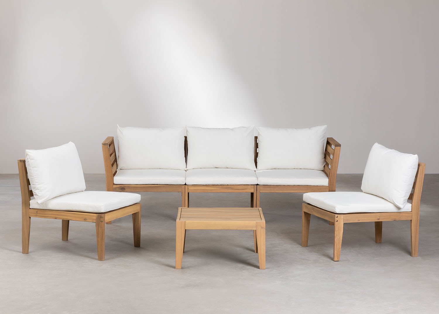 Set da giardino con divano componibile in 5 pezzi con braccioli e tavolino in legno di acacia Filips
