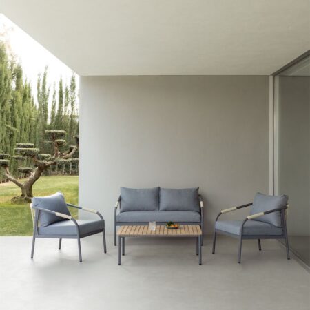 Set da giardino con divano 2 posti, 2 poltrone e tavolino in alluminio e legno di acacia Basper