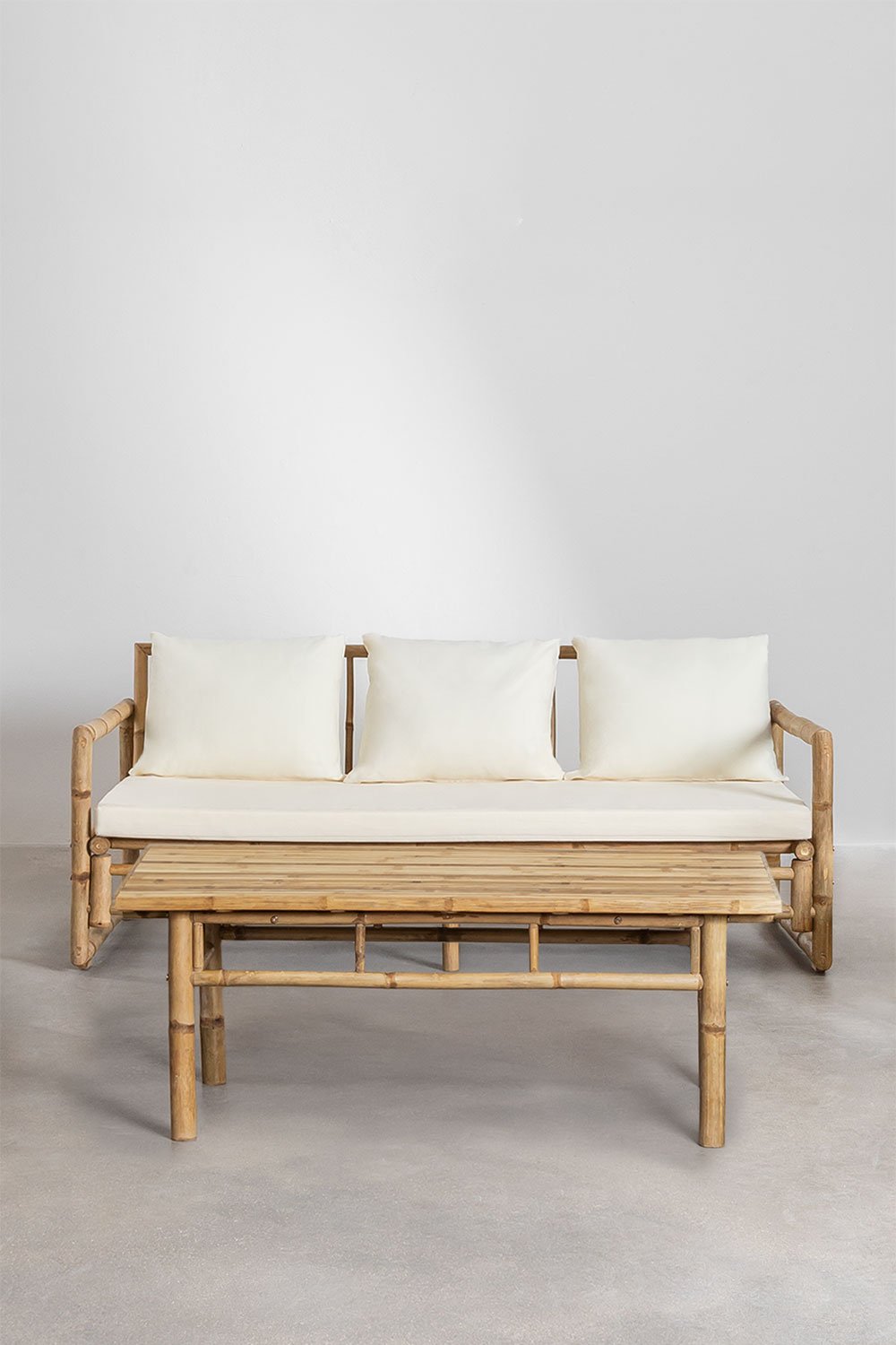 Set da giardino con divano a 3 posti e tavolino da caffè 120x60 cm in bambù Livayna