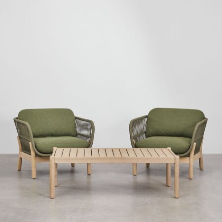 Set da giardino con 2 poltrone e tavolino in legno di acacia e corda intrecciata Karvia