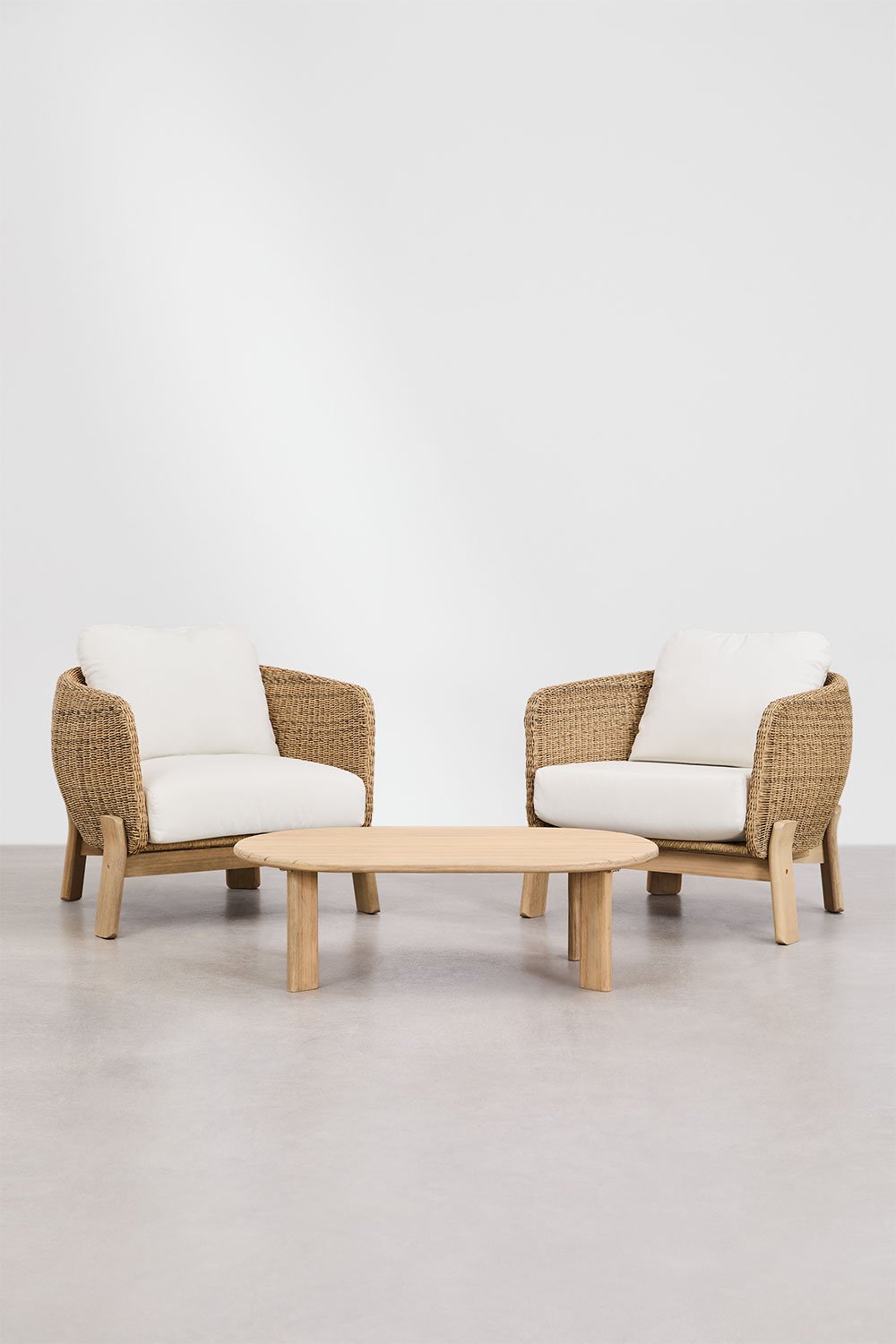 Set da giardino Leilan con 2 poltrone e un tavolino in legno di acacia e rattan