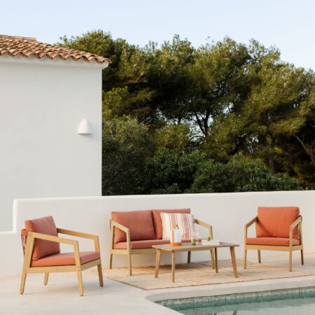 Set da giardino con divano 2 posti, 2 poltrone e tavolino in legno di acacia e corda intrecciata Kaela