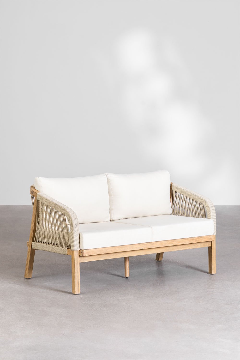 Set da giardino con divano 2 posti, due poltrone e tavolino in legno di acacia e corda intrecciata Dubai