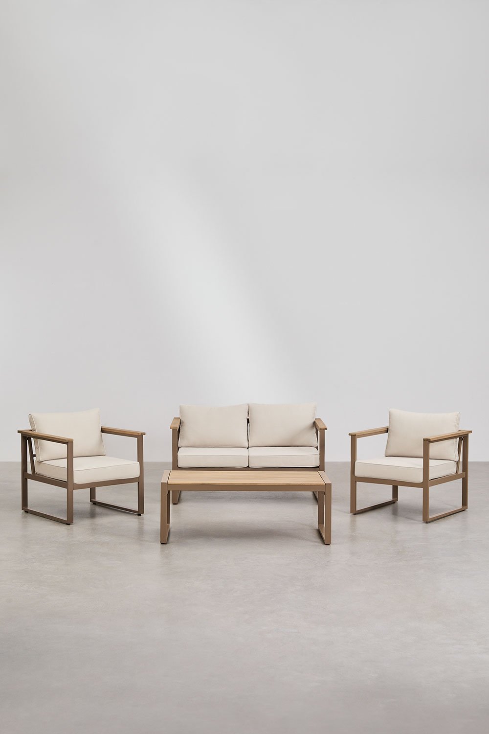 Set da giardino con divano 2 posti, 2 poltrone e tavolino in alluminio e legno di acacia Lipov