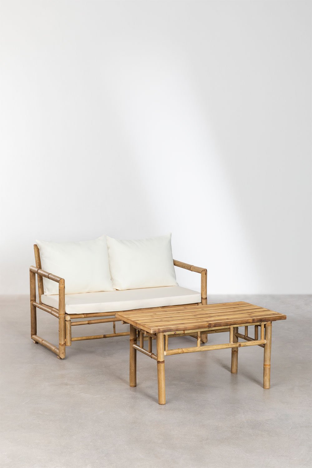 Set da giardino con divano 2 posti e tavolino (90x50 cm) in bambù Livayna