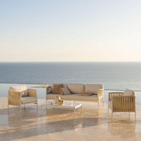 Set da giardino con divano a 3 posti, tavolino rettangolare 120x70 cm e 2 poltrone in alluminio Sereilen