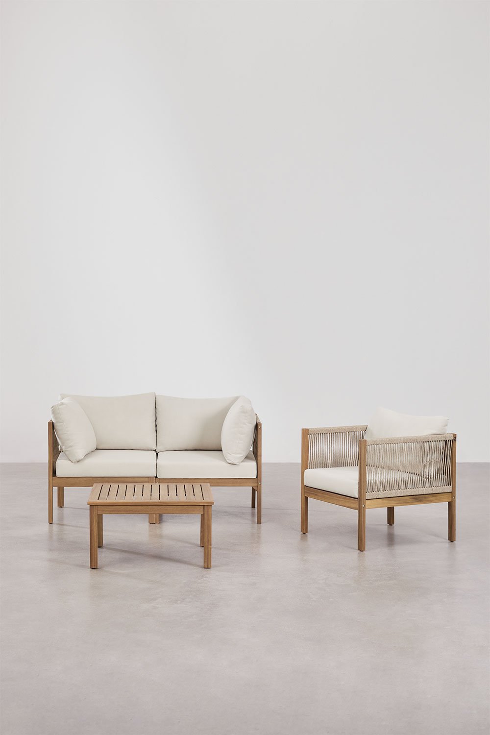 Set di divani modulari Branson in legno di acacia, 2 pezzi, con braccioli, poltrona e tavolino