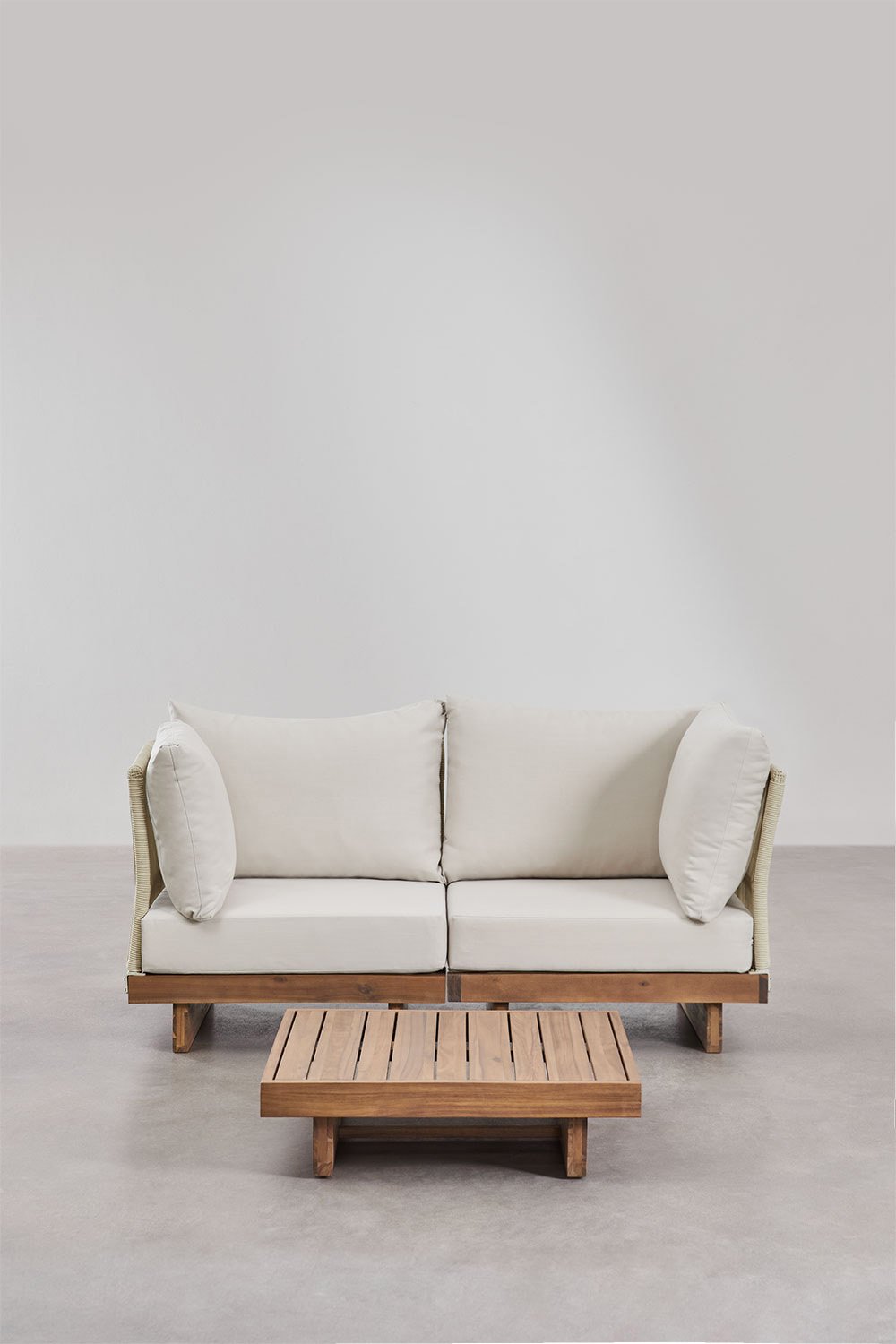 Set da giardino con divano modulare a 2 pezzi con 2 poltrone angolari e tavolino da caffè in legno di acacia Dailin