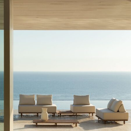 Set da giardino con divano modulare a 2 pezzi, tavolino, divano e tavolo da caffè 160x95 cm in acacia Portet