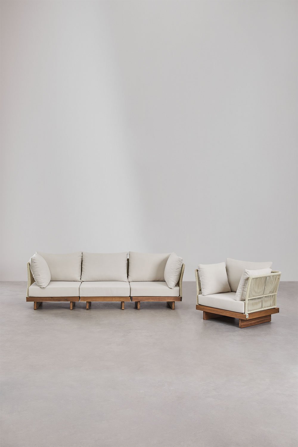 Set da giardino con divano modulare a 3 pezzi con 2 poltrone angolari e poltrona in legno di acacia Dailin