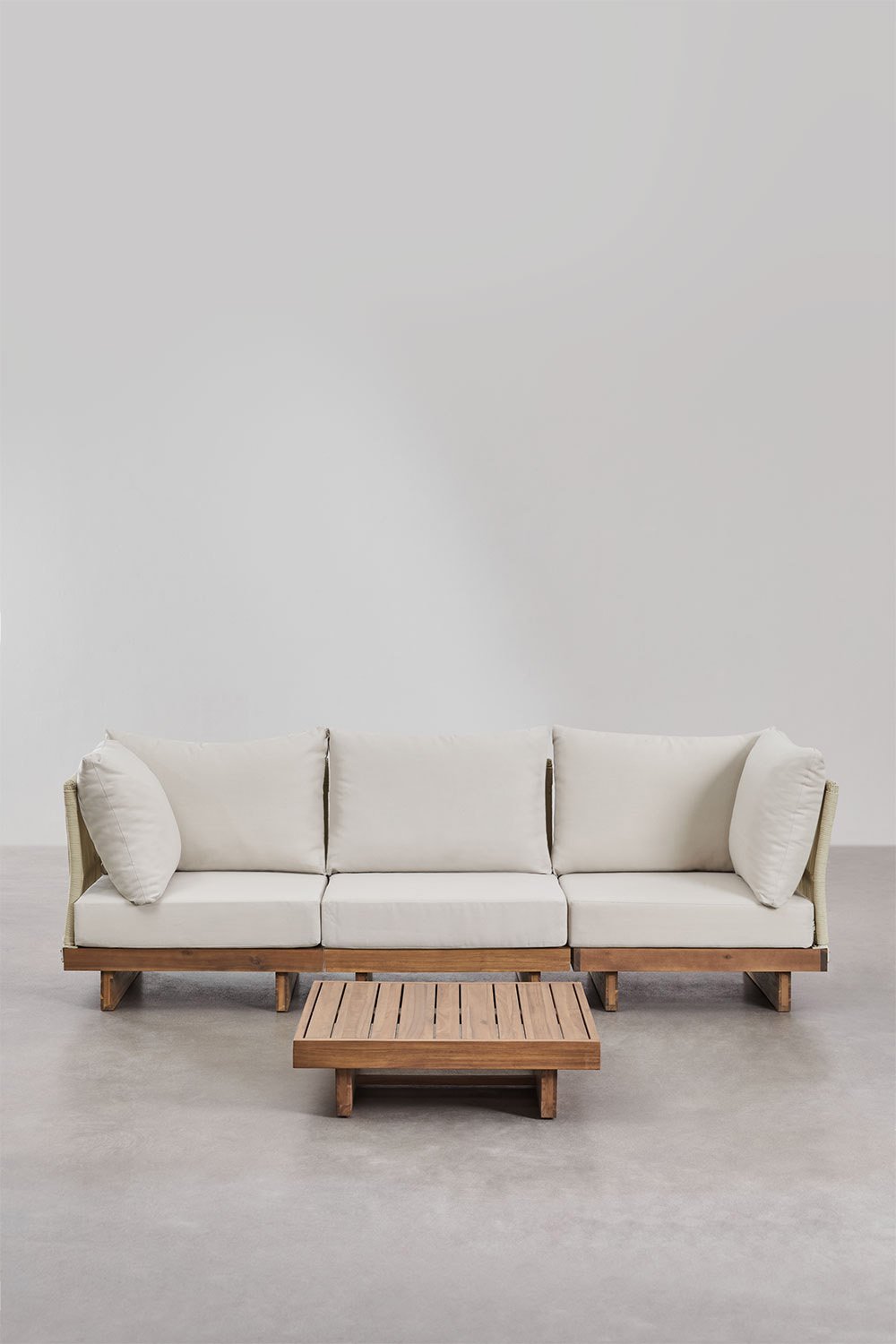 Set da giardino con divano modulare a 3 pezzi con 2 poltrone angolari e tavolino da caffè in legno di acacia Dailin