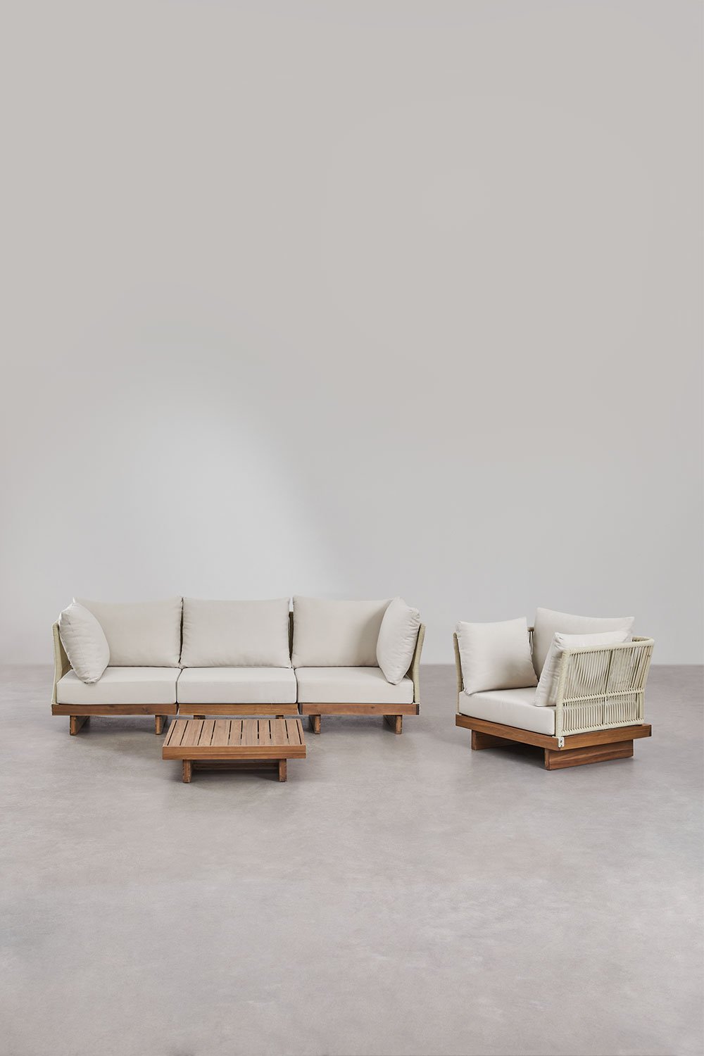 Set di divani da giardino modulari Dailin da 3 pezzi con 2 sedie angolari, tavolino e poltrona in legno di acacia