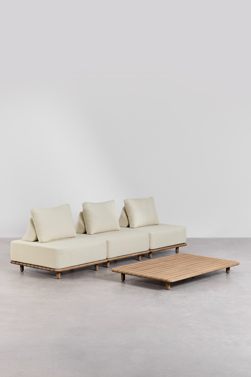 Set da giardino con divano modulare a 3 pezzi e tavolino 160x95 cm in acacia Portet