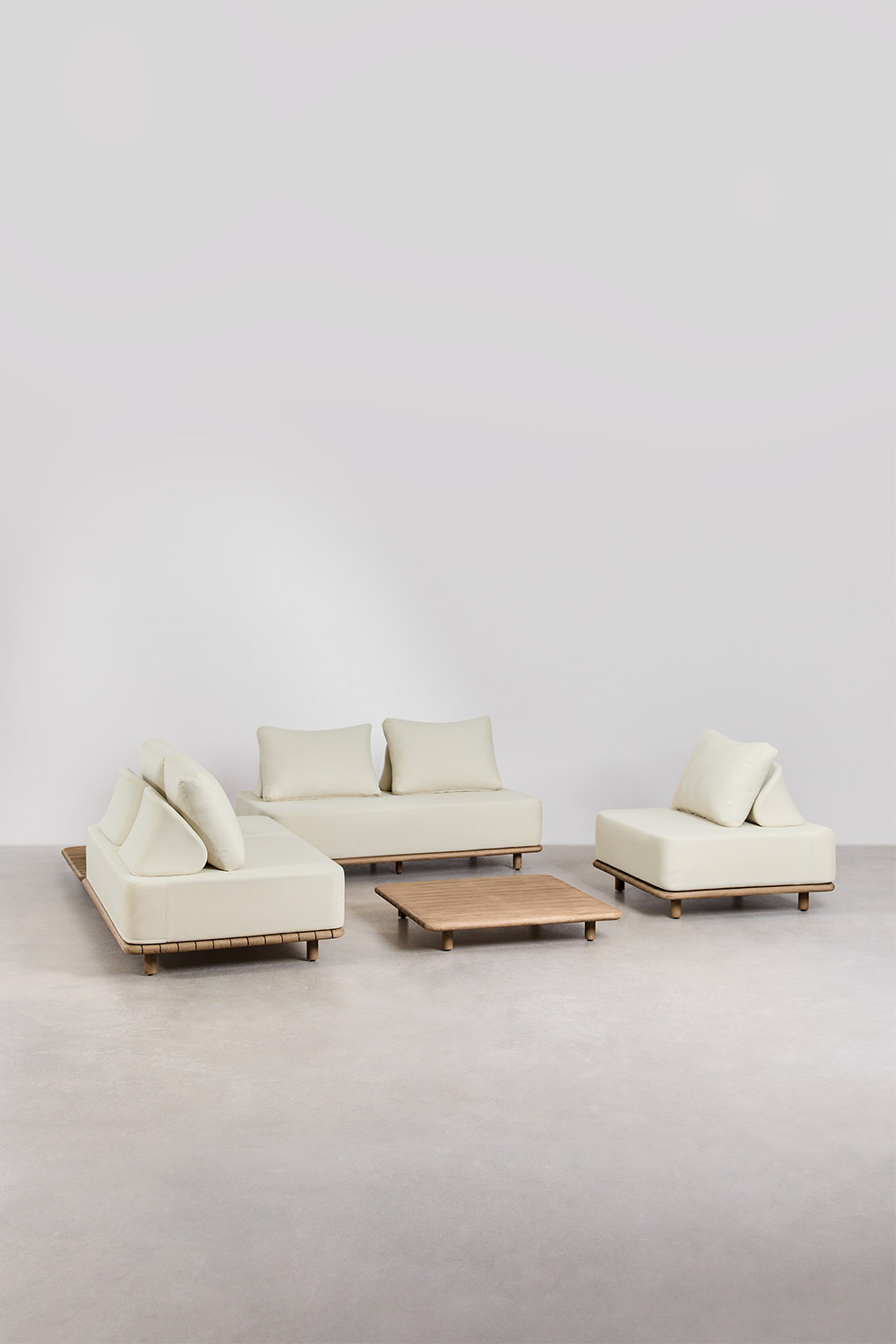 Set da giardino con divano angolare modulare da 2 pezzi, tavolino, poltrona e tavolino da caffè 95x95 cm in acacia Portet