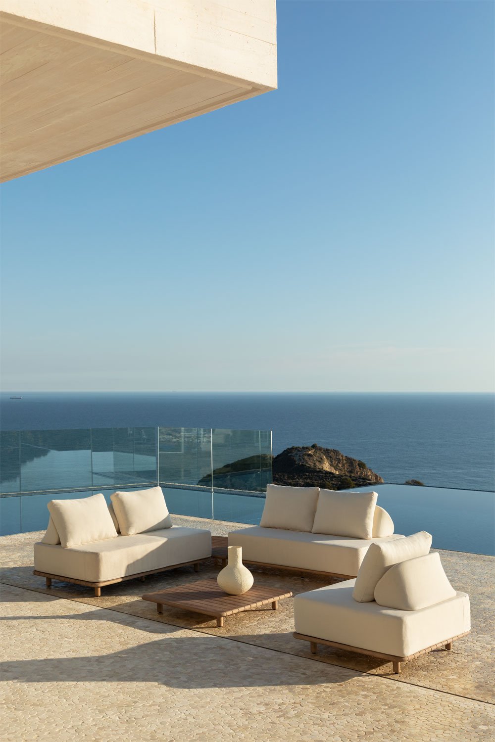 Set da giardino con divano angolare modulare da 2 pezzi, tavolino, poltrona e tavolino da caffè 95x95 cm in acacia Portet