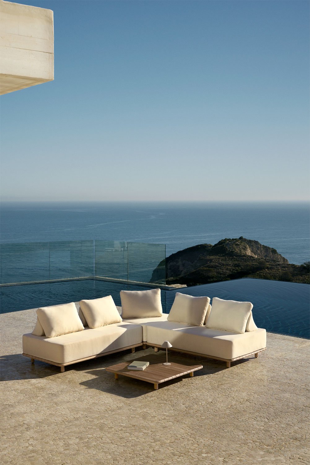 Set da giardino con divano modulare angolare a 3 pezzi e tavolino 95x95 cm in acacia Portet