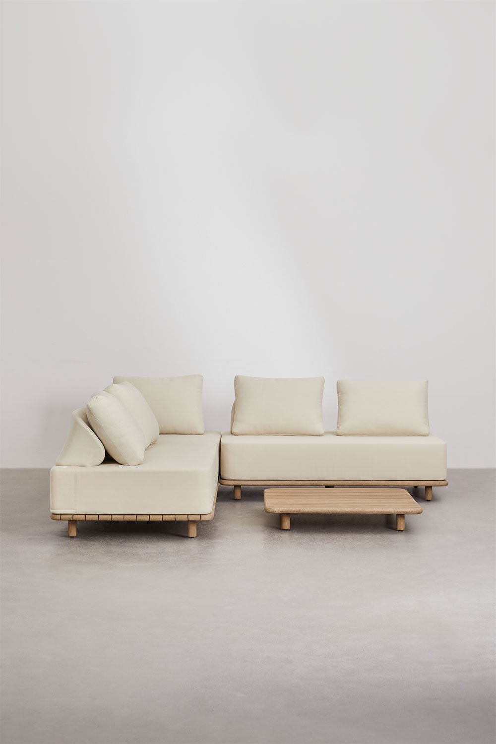 Set da giardino con divano modulare angolare a 3 pezzi e tavolino 95x95 cm in acacia Portet