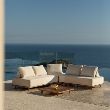 Set da giardino con divano modulare angolare a 3 pezzi e tavolino 95x95 cm in acacia Portet