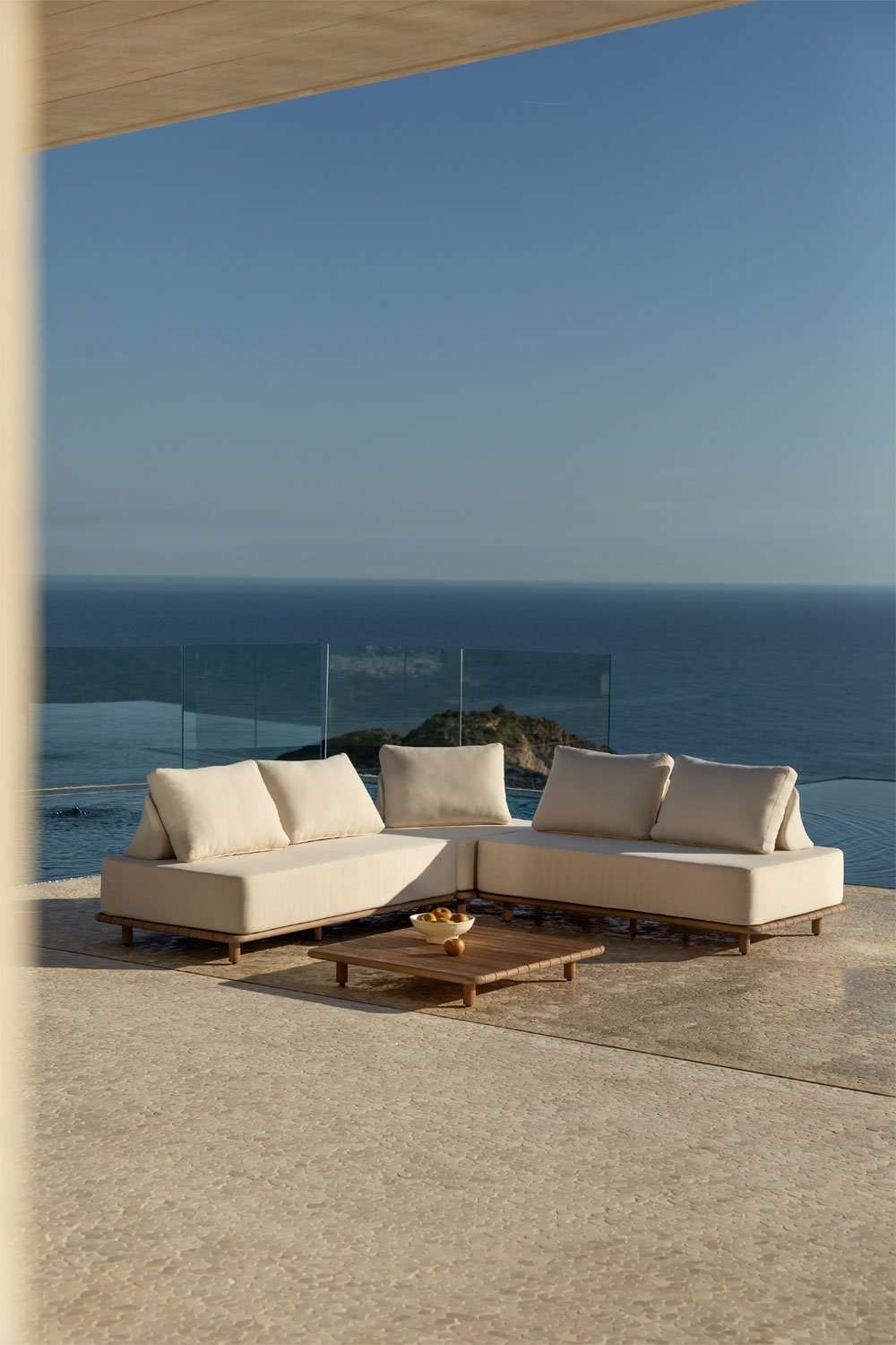 Set da giardino con divano modulare angolare a 3 pezzi e tavolino 95x95 cm in acacia Portet