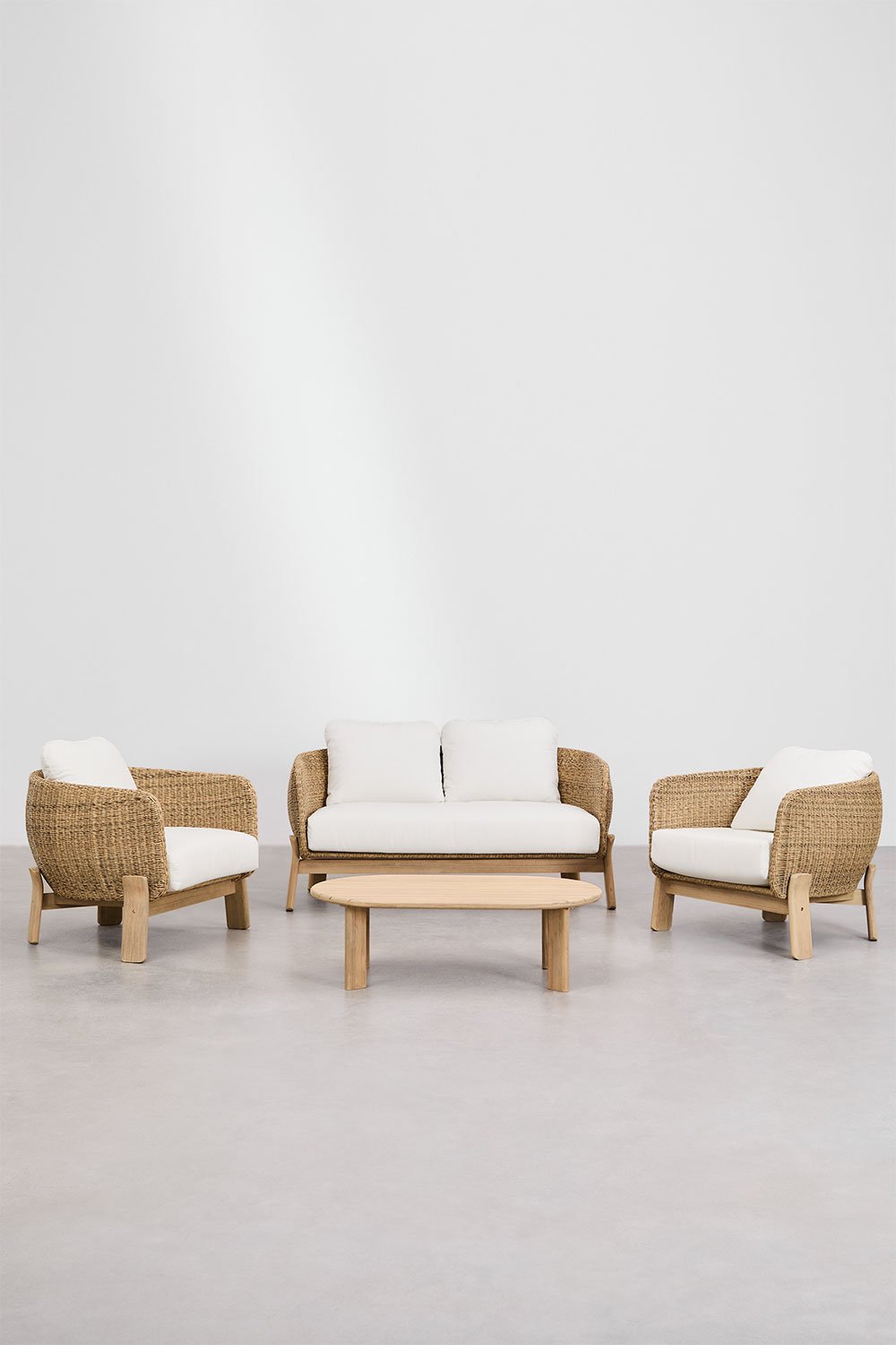 Set da giardino Leilan con divano 2 posti, 2 poltrone e tavolino in legno di acacia e rattan