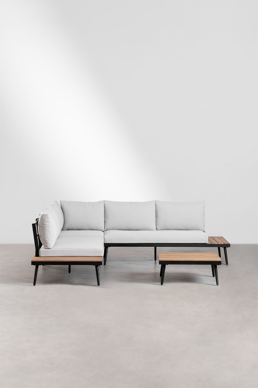 Set da giardino con divano angolare 4 posti e tavolino in alluminio e legno di acacia Kalen
