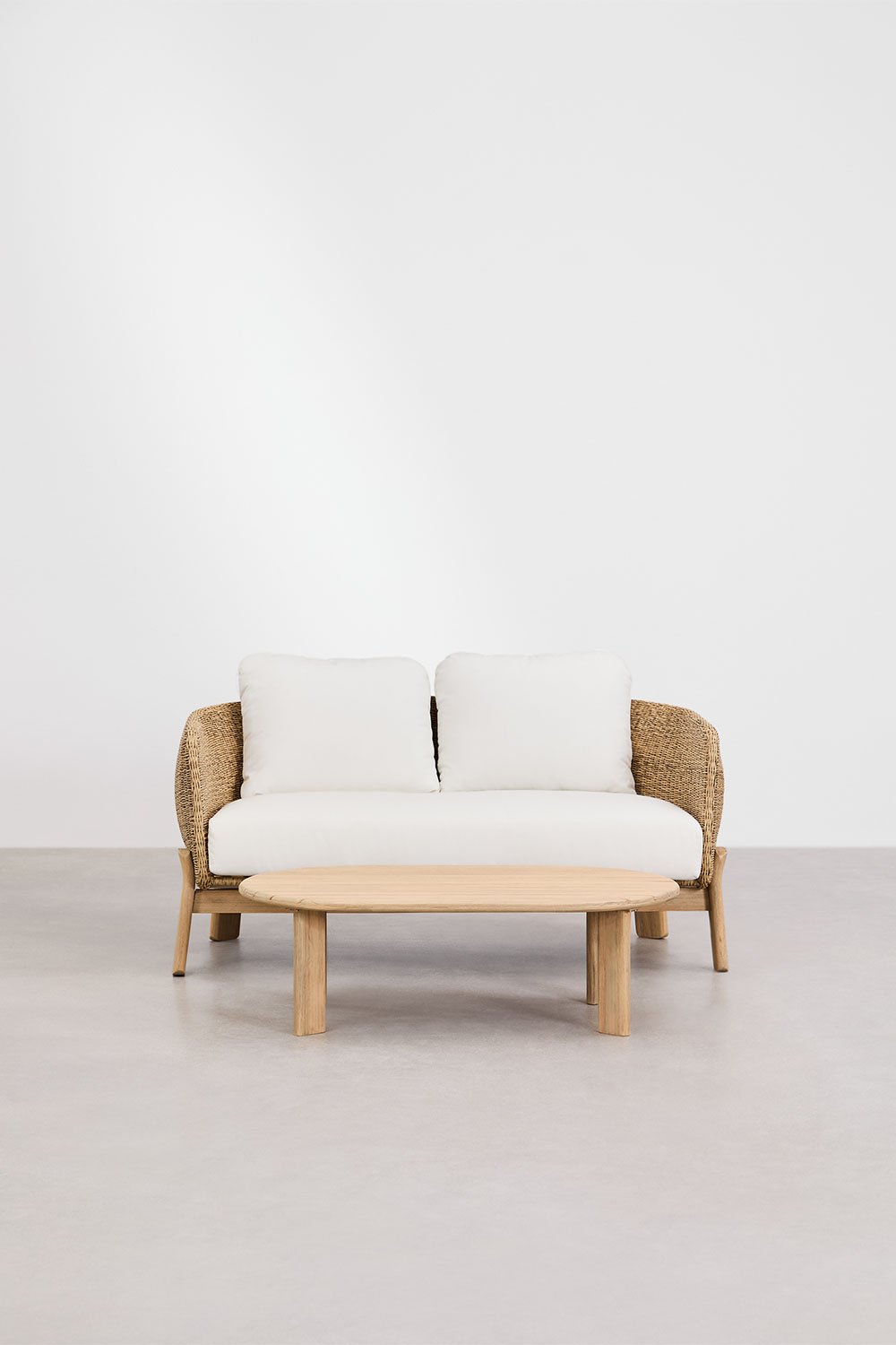 Set da giardino Leilan con divano a 2 posti e tavolino in legno di acacia e rattan