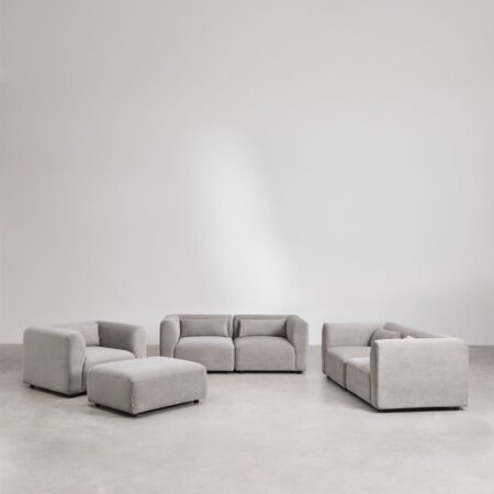 Set soggiorno con 2 divani componibili in 2 pezzi, poltrona e puff Fogler