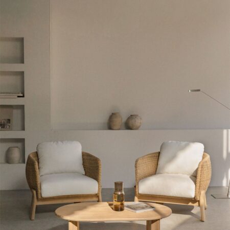 Set da salotto con 2 poltrone e tavolino in legno di acacia e rattan Leilan