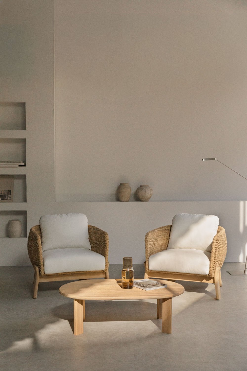 Set da salotto con 2 poltrone e tavolino in legno di acacia e rattan Leilan