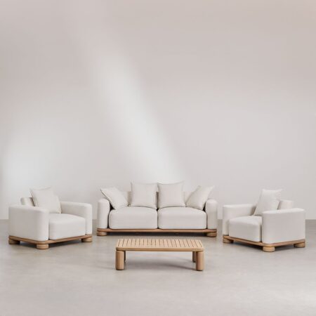Set soggiorno con divano 2 posti, 2 poltrone e tavolino in legno di acacia 125x80 cm Ioanis