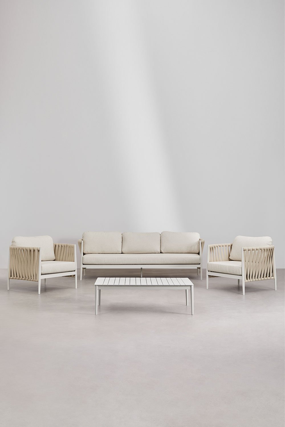 Set soggiorno con divano 3 posti, tavolino rettangolare 120x70 cm e 2 poltrone in alluminio Sereilen