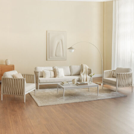 Set soggiorno con divano 3 posti, tavolino rettangolare 120x70 cm e 2 poltrone in alluminio Sereilen