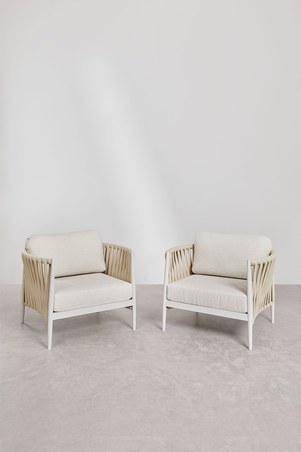Set soggiorno con divano 3 posti, tavolino rettangolare 120x70 cm e 2 poltrone in alluminio Sereilen