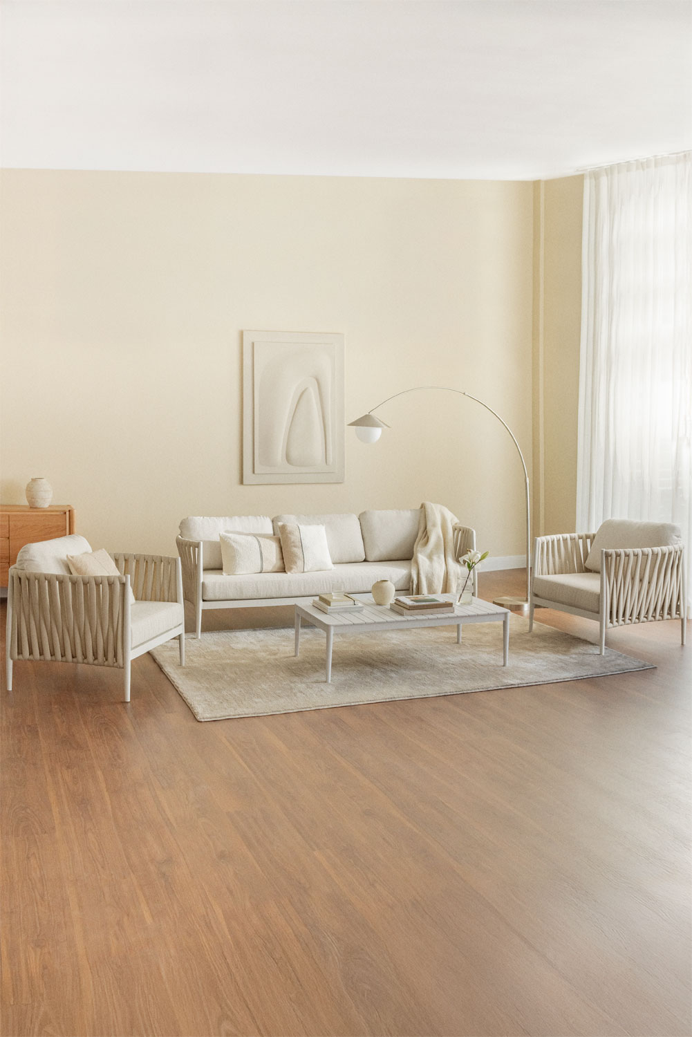 Set soggiorno con divano 3 posti, tavolino rettangolare 120x70 cm e 2 poltrone in alluminio Sereilen