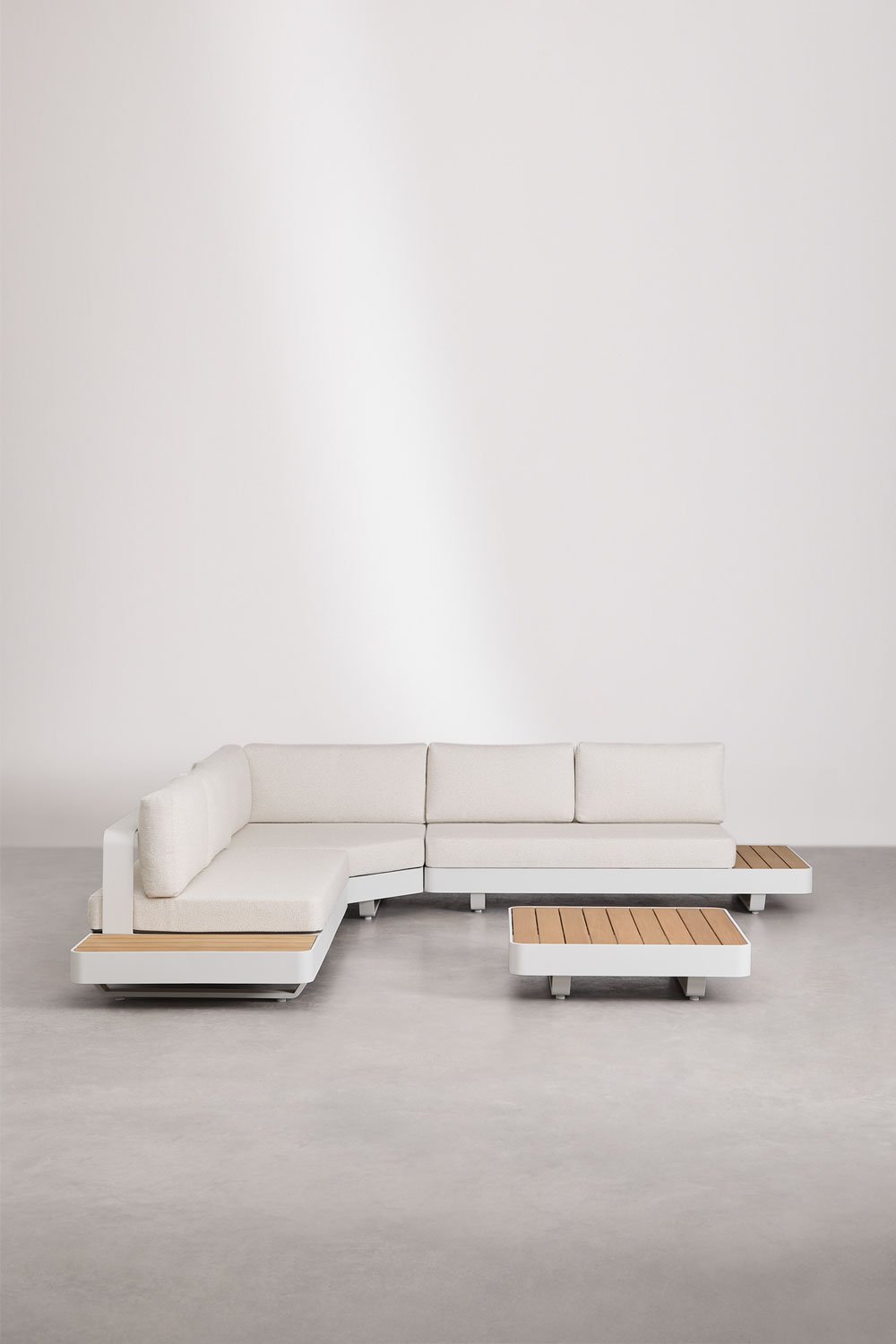 Set soggiorno con divano angolare 5 posti e tavolino in alluminio e legno di teak Yarilo