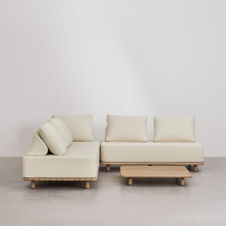 Set da salotto con divano modulare angolare a 3 pezzi e tavolino 95x95 cm in acacia Portet