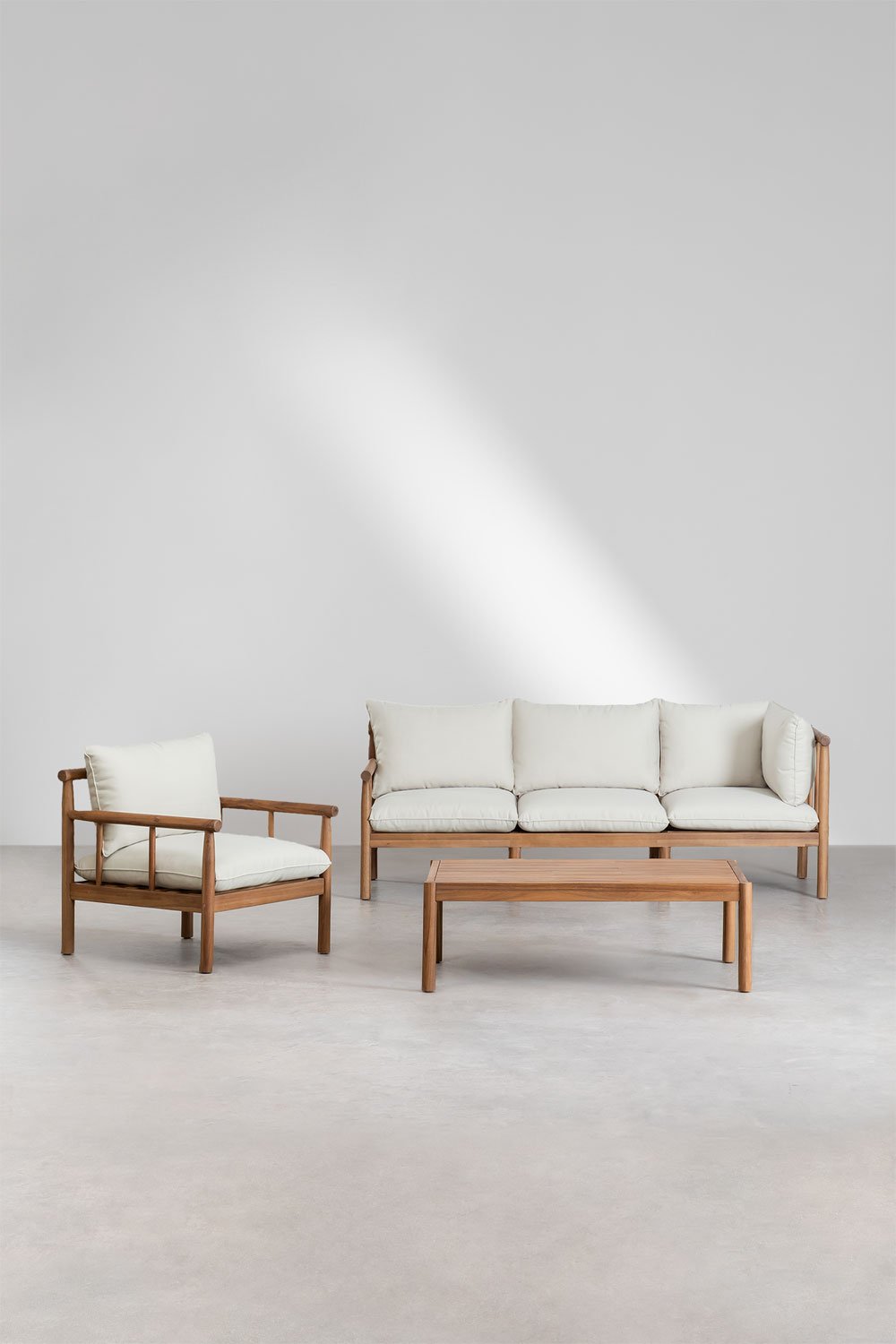 Set da salotto con divano a 3 posti e poltrona in legno di acacia Melvin